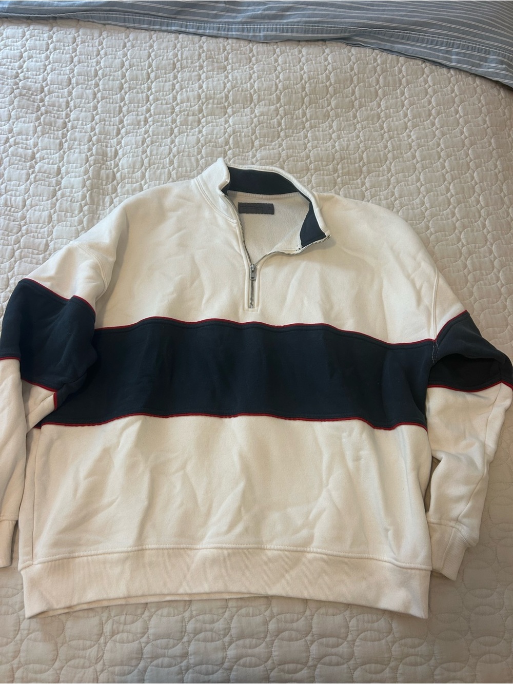 Abercrombie & Fitch White Half-Zip Sweater with Navy Stripe and Red Piping
